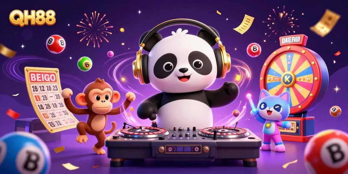 QH88 illustration featuring a DJ panda, dancing monkey, and kitten amid lottery elements.