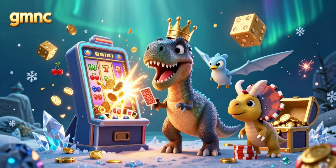 Experience gmnc's vibrant casino scene featuring a T-Rex and friends amidst slot machine excitement.