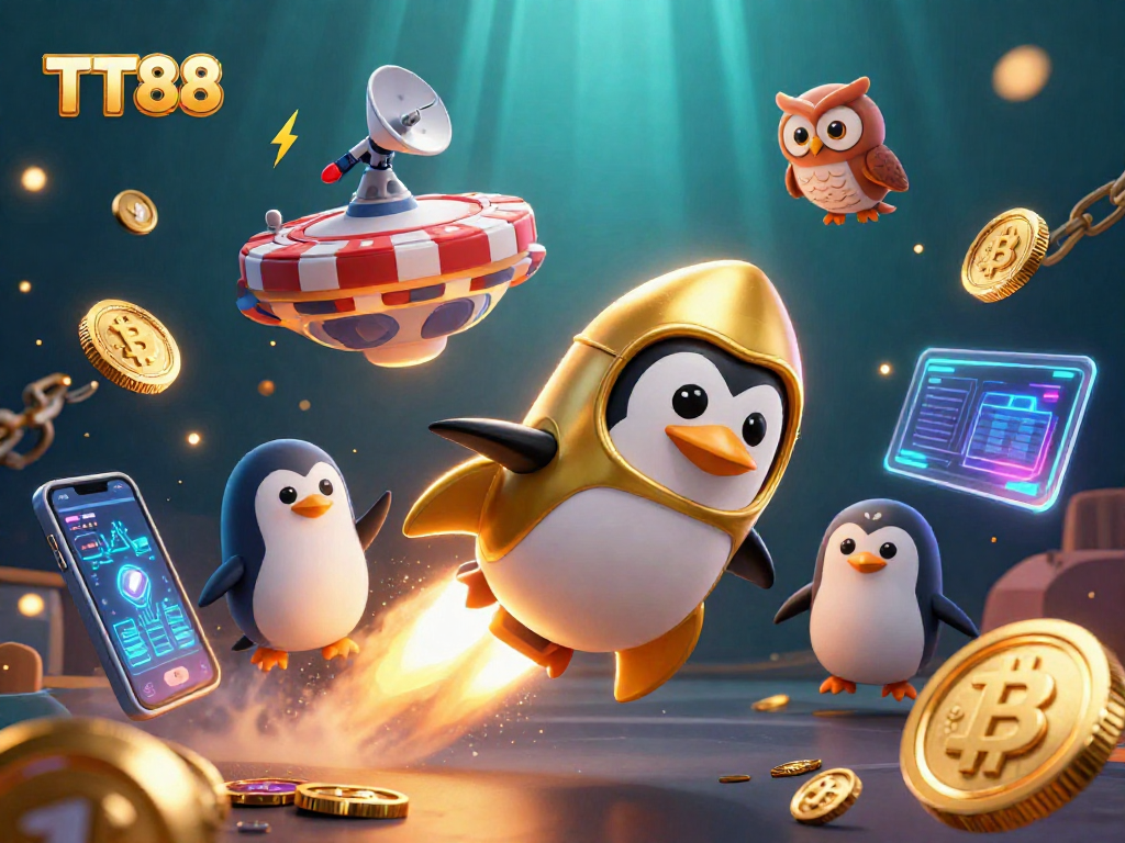 Experience the thrills of TT88 with golden penguins and crypto adventures in this dynamic casino scene.