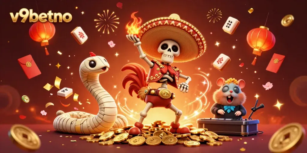 Experience the vibrant victory dance of the v9betno mariachi rooster amidst casino celebrations and golden treasures.