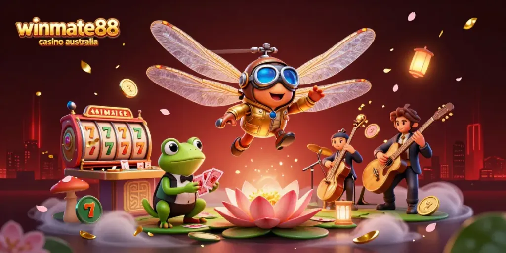 Experience the excitement of winmate88 casino australia with a dynamic 3D casino scene featuring a dragonfly pilot, frog croupier, and festive elements.