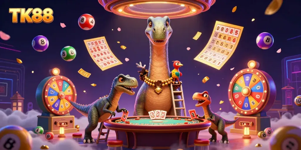 TK88 showcases an energetic casino scene with a brontosaurus, raptor, and dynamic game elements.