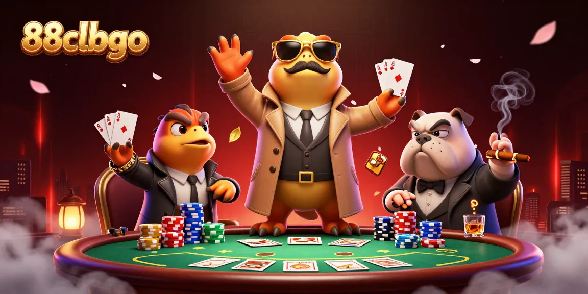 Experience excitement at 88clbgo with raptors in a trench coat entering a VIP casino lounge, surrounded by poker games.