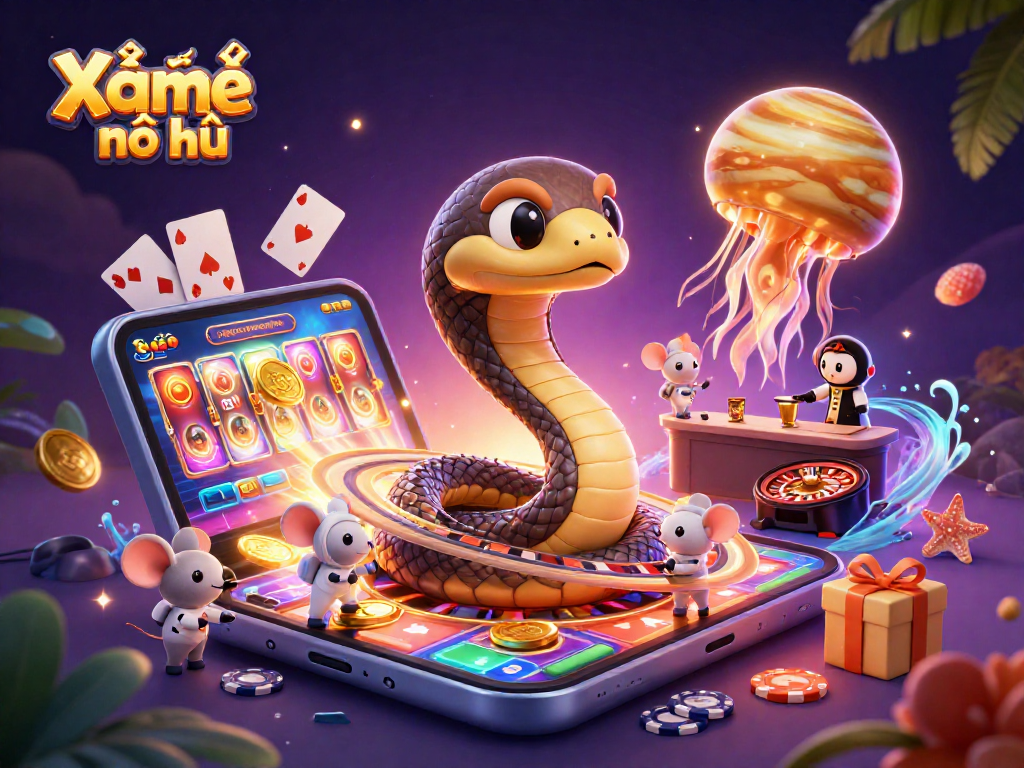 Xổ Số game nổ hũ illustrated scene with Saturn ring snake, astronaut mice, and a golden jellyfish dealer