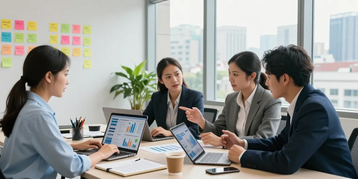 GEGESLOT: Tim profesional berdiskusi di ruang kantor modern dengan data analitik.