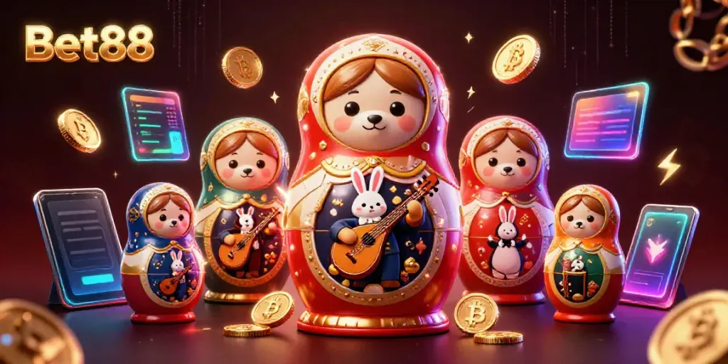 Experience Bet88 excitement with lively 3D cartoon casino characters in a vibrant gaming scene.