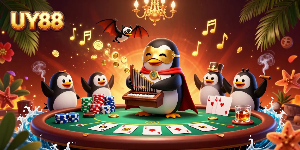 Experience winning thrills with UY88 in a vibrant casino scene filled with golden musical notes and poker elements.