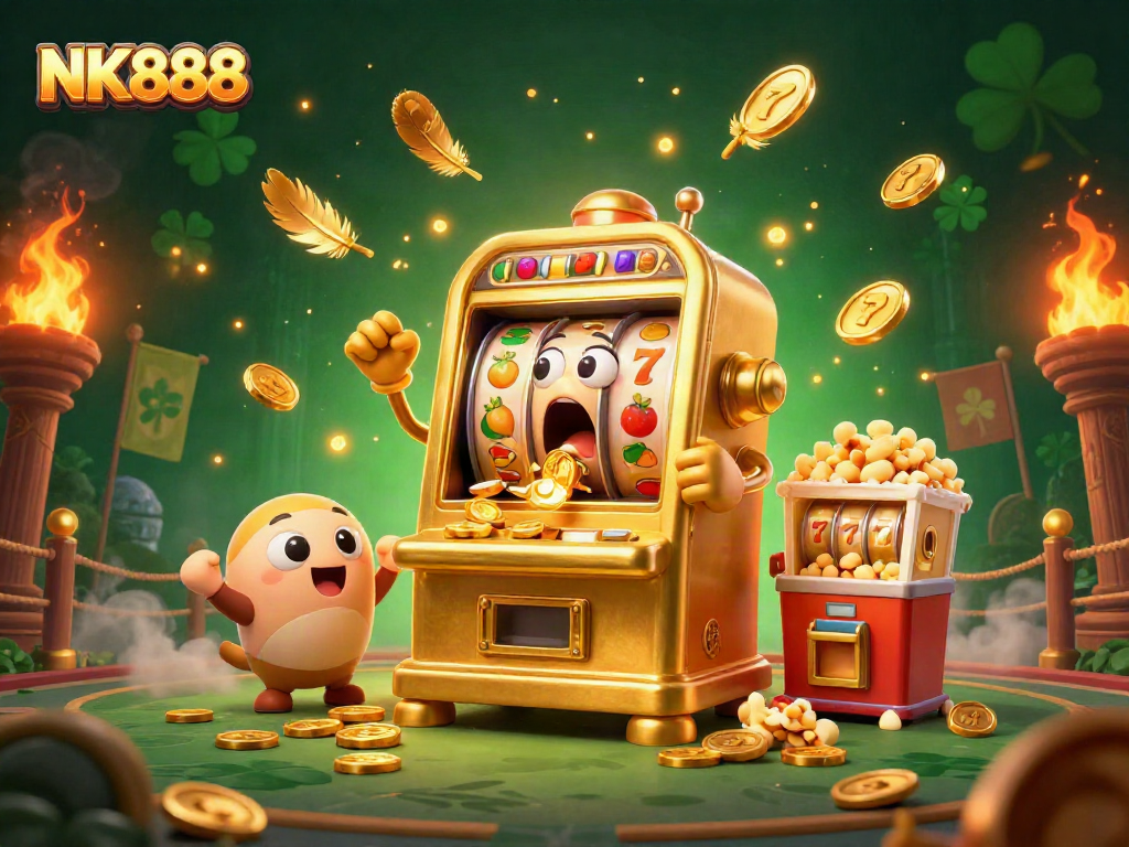 Experience big wins with NK888's golden slot machine hitting jackpots and celebrating fun!