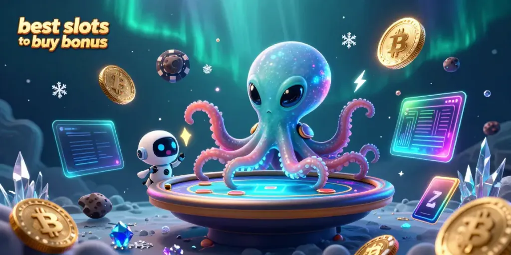 Explore the best slots to buy bonus with an alien octopus at a holographic poker table.