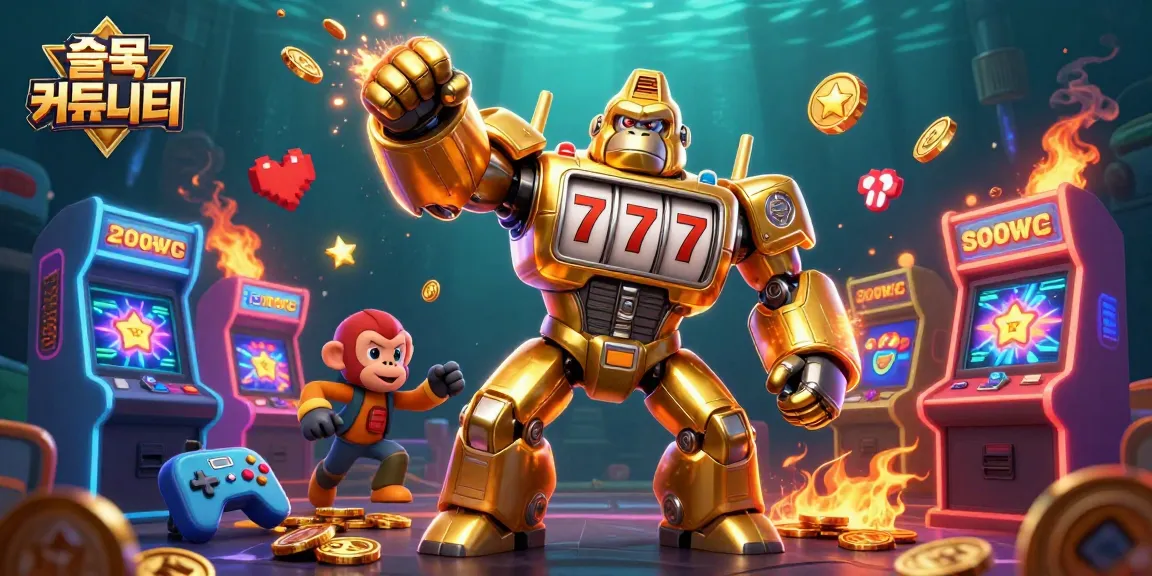 Experience the thrill of 슬롯 커뮤니티 with an exciting 3D gaming scene showcasing a golden gorilla mech and dynamic arcade elements.