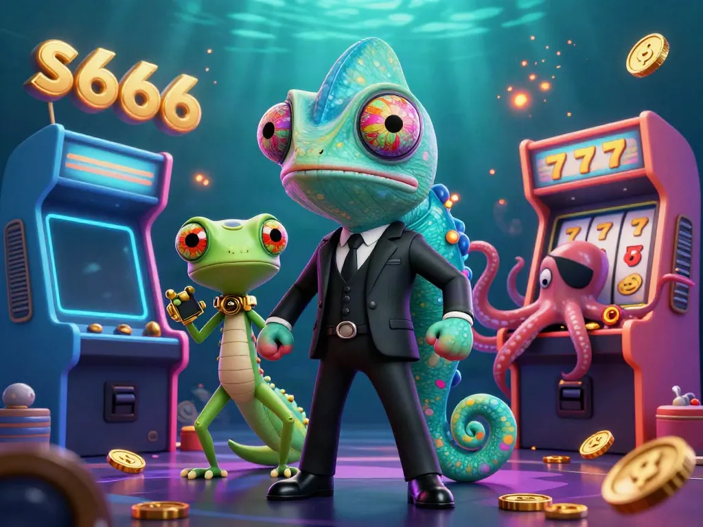 S666 transforms gameplay with a dynamic casino scene featuring a secret agent chameleon, tech-savvy gecko, and a villainous octopus.