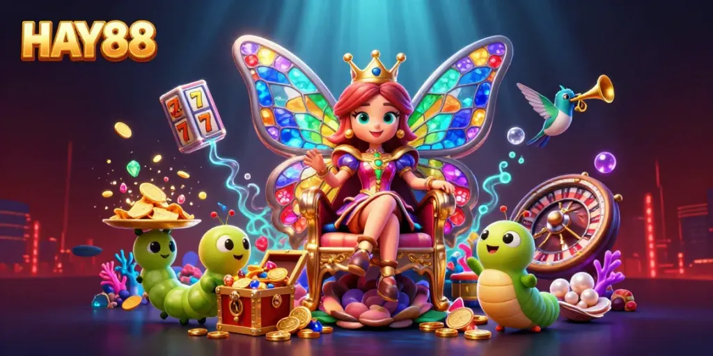 Engage with HAY88's vibrant casino experience featuring a butterfly queen and floating slot elements.