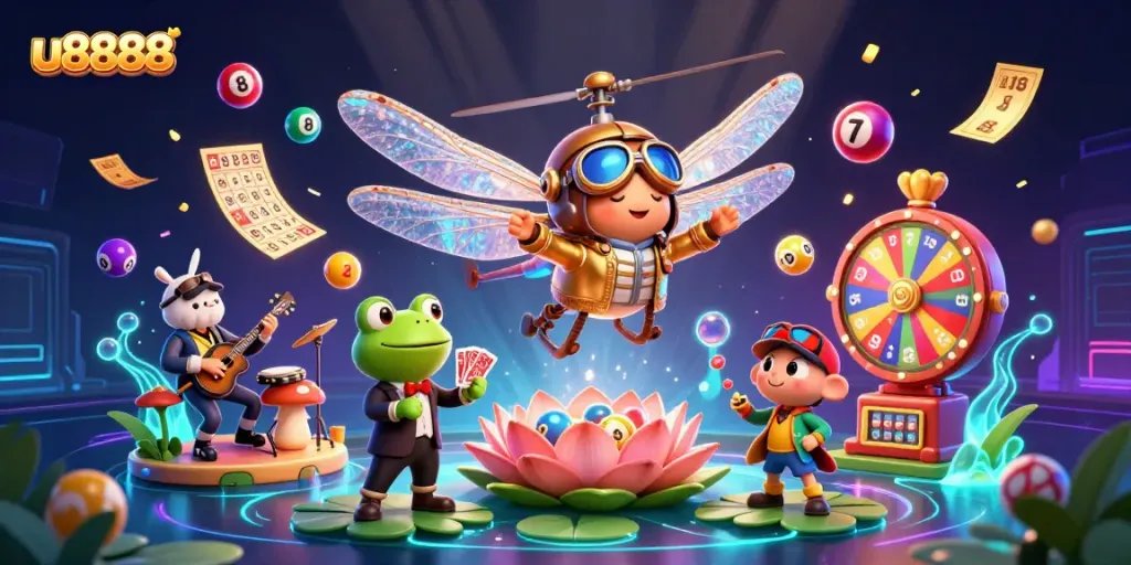 Engage with u8888's vibrant casino scene featuring dancing characters amidst lottery excitement.