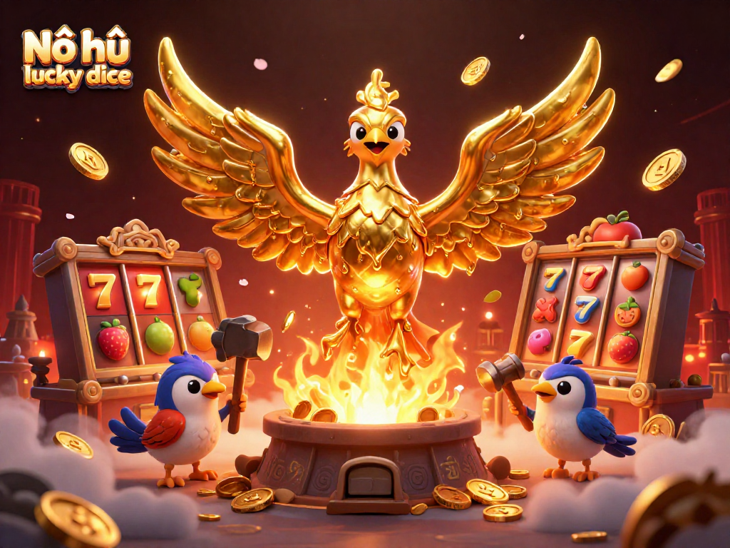 Nổ hũ lucky dice showcases a vibrant 3D illustration of a golden phoenix surrounded by dynamic slot elements and casino symbols.