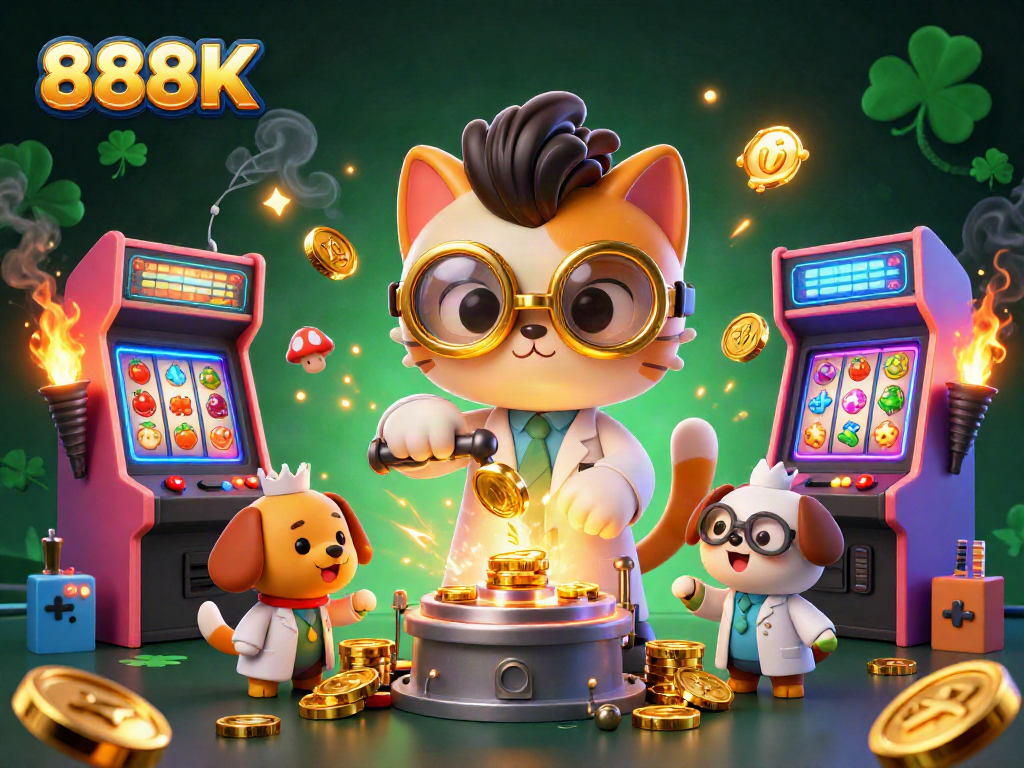 Experience thrilling gameplay with 888K as the mad scientist cat creates gold coins in a vibrant casino.