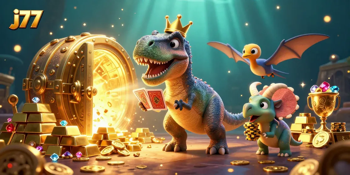 j77 players enjoy card games with a friendly T-Rex and triceratops in an exciting casino scene