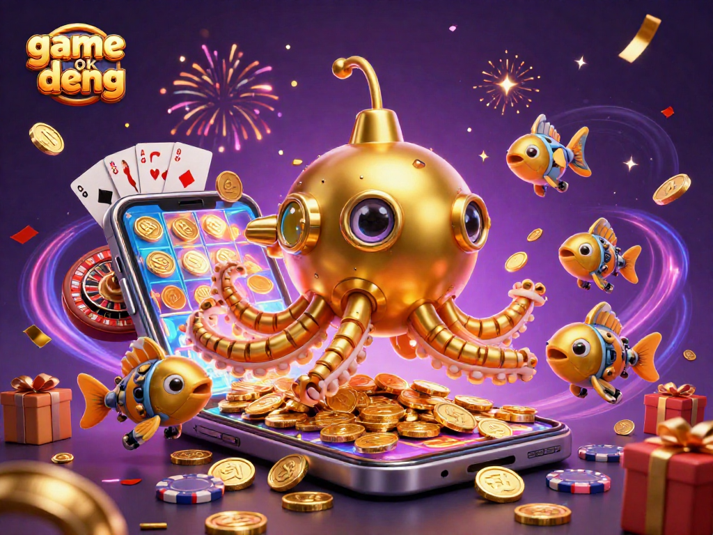 Experience the thrill of game pok deng with a dynamic 3D illustration filled with casino excitement and gold.