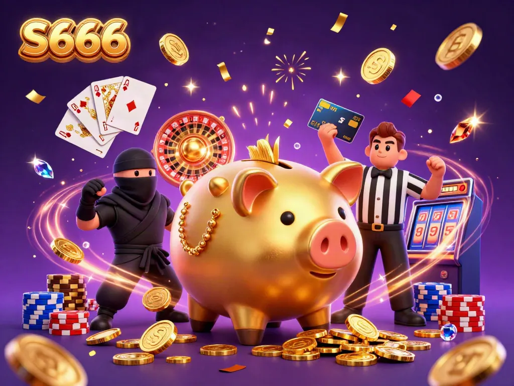 S666 players enjoy thrilling gameplay amidst cascading coins and colorful elements in a vibrant casino scene.