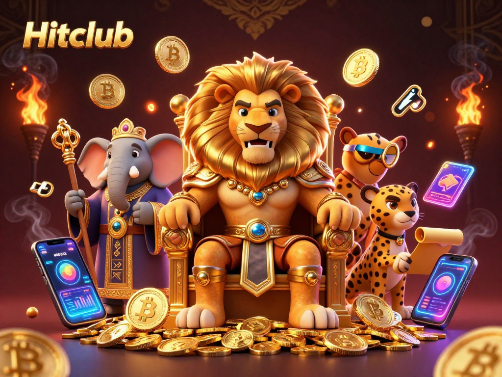 Experience winning with Hitclub's fierce lion king champion surrounded by crypto-themed elements.