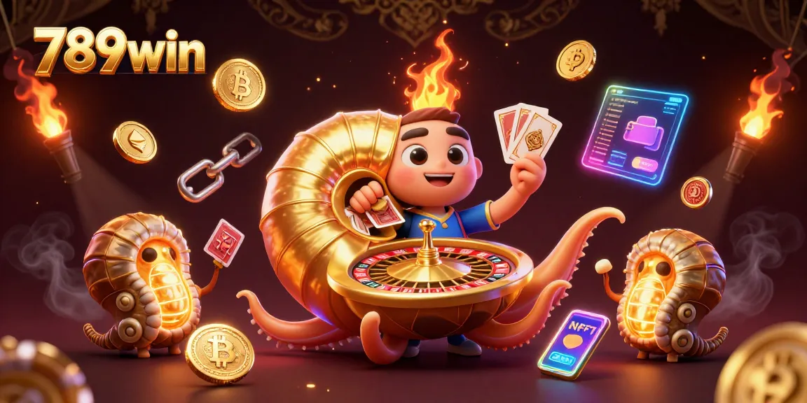 Engage with 789win's vibrant 3D casino scene featuring a nautilus roulette wheel and glowing crypto coins.