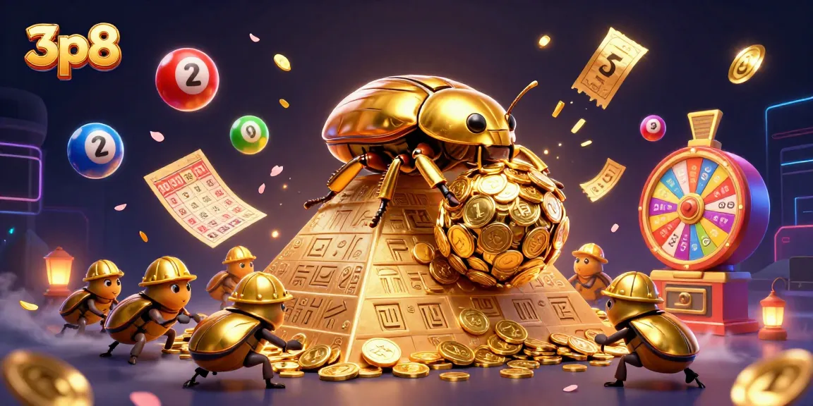 Engage with the lively 3p8 jackpot scene featuring golden beetles and dynamic lottery elements in action.