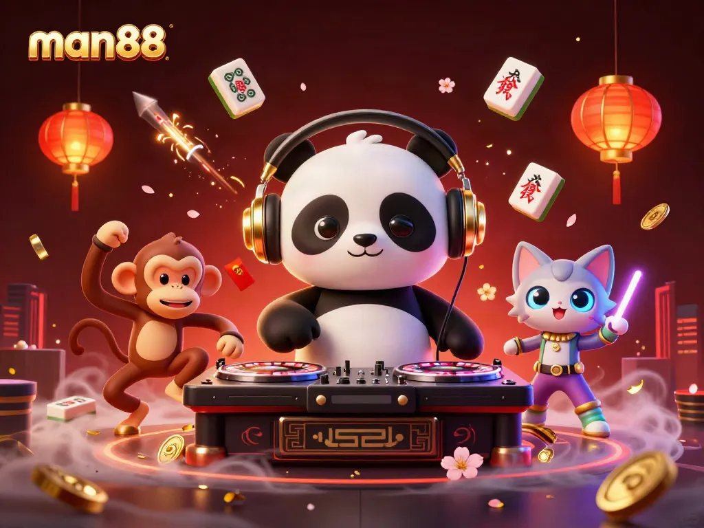 Experience the excitement of man88 through vibrant 3D characters and casino elements in an engaging scene.