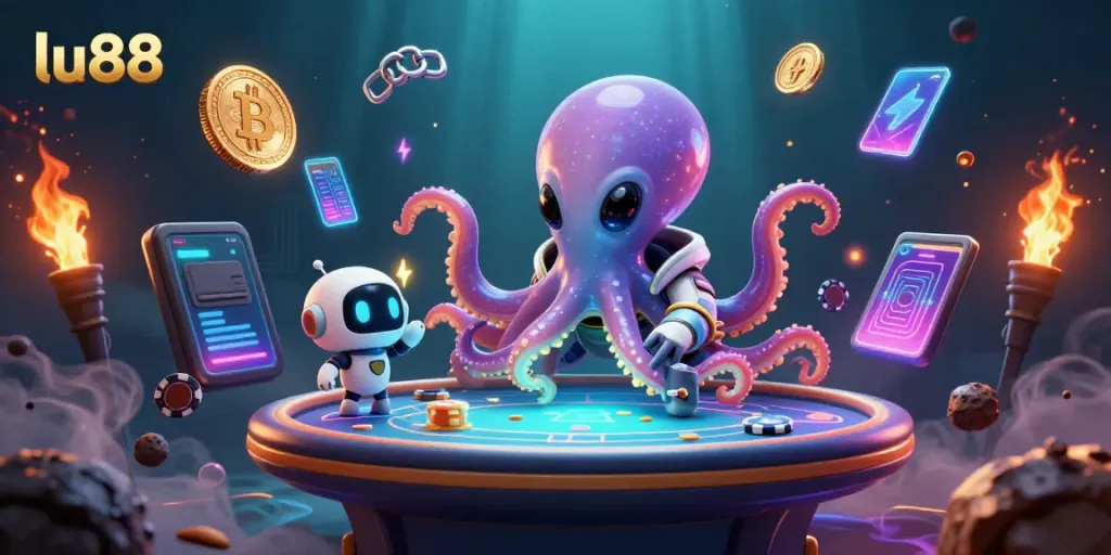 Experience the thrilling atmosphere of lu88 with an alien octopus playing poker amidst digital cryptocurrency elements.