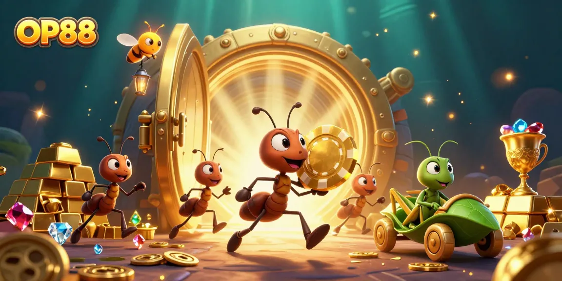 Watch OP88 ants executing a heist to win giant golden poker chips while the firefly lookout shines a lantern.