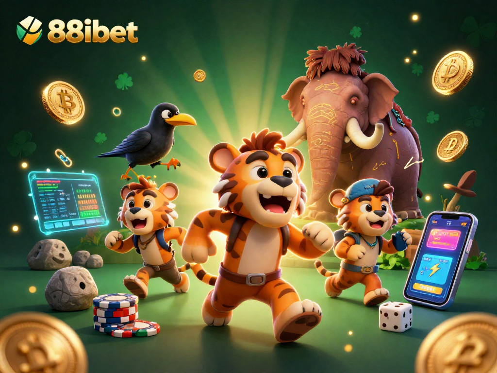 Experience thrilling casino adventures with 88ibet, featuring a dynamic prehistoric scene with unique characters and crypto elements.