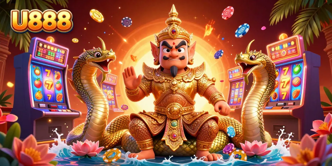 Experience U888's vibrant casino energy featuring a temple guardian, slot machines, and dynamic gaming elements.