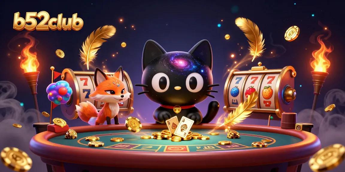 Experience thrilling gameplay at b52club with an extravagant cosmic casino scene featuring a black hole cat and vibrant fox.