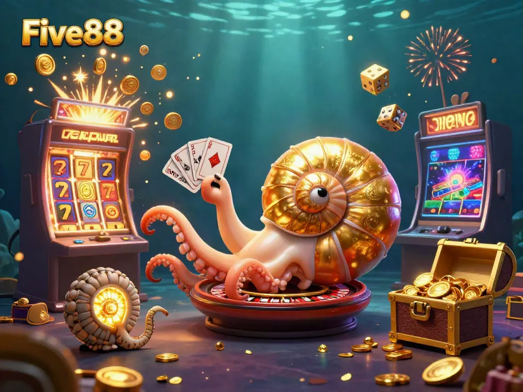 Join the thrilling world of Five88 with vibrant casino elements including a giant roulette nautilus and treasure.