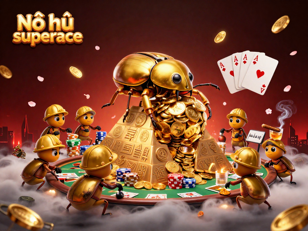 Nổ hũ superace game features golden beetles rolling coins, encapsulating excitement and casino energy.