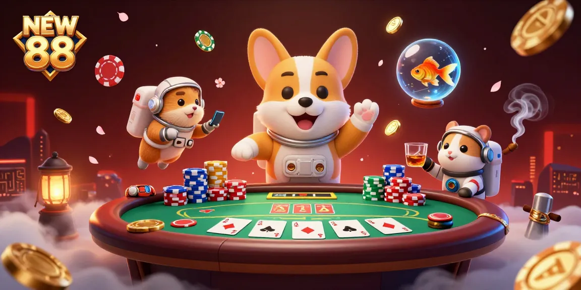 Engage with NEW 88 at a vibrant space casino featuring poker, chips, and cosmic characters.