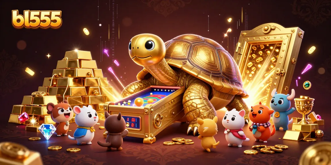 Experience the excitement of bl555 with a lively 3D casino illustration showcasing vibrant games and golden treasures.