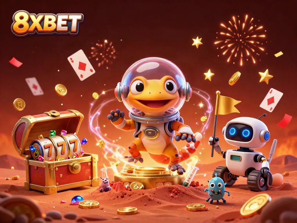 Experience thrilling gaming at 8XBET with a lively illustration featuring a Martian gecko and casino elements.