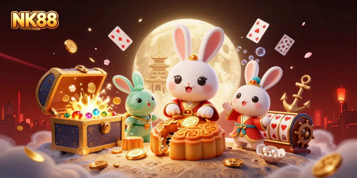 Engage in thrilling gameplay at NK88, where the animated moon rabbit reveals poker chips while surrounded by vibrant casino elements.