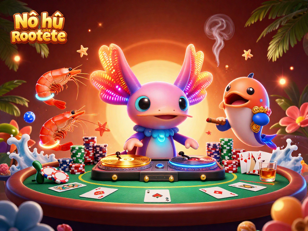 Nổ hũ mini roulette showcases vibrant axolotl DJ with poker elements in a lively casino scene.