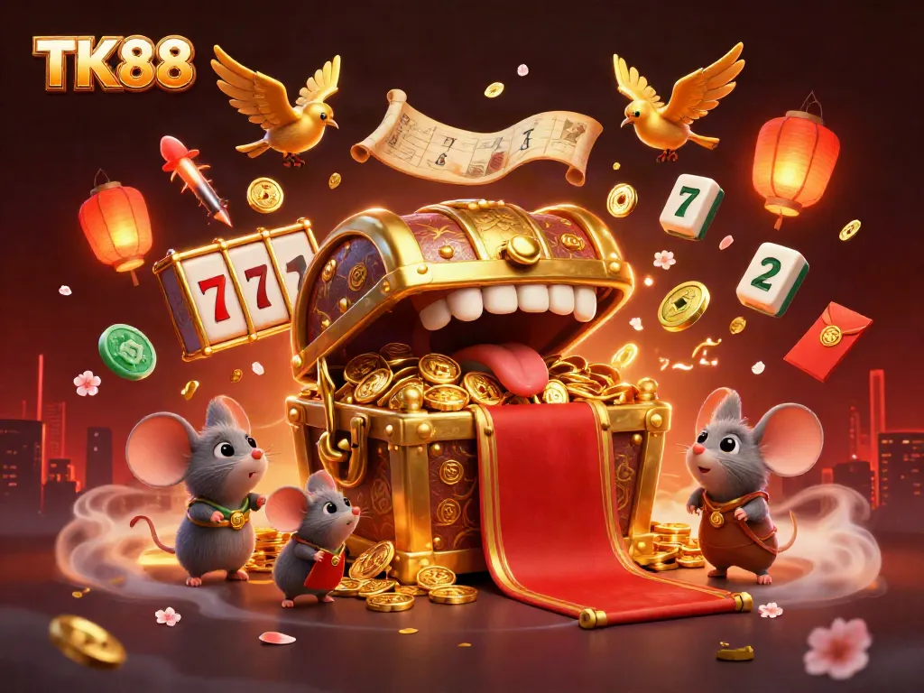 Engage with TK88's thriving casino atmosphere featuring a treasure chest and vibrant game elements.