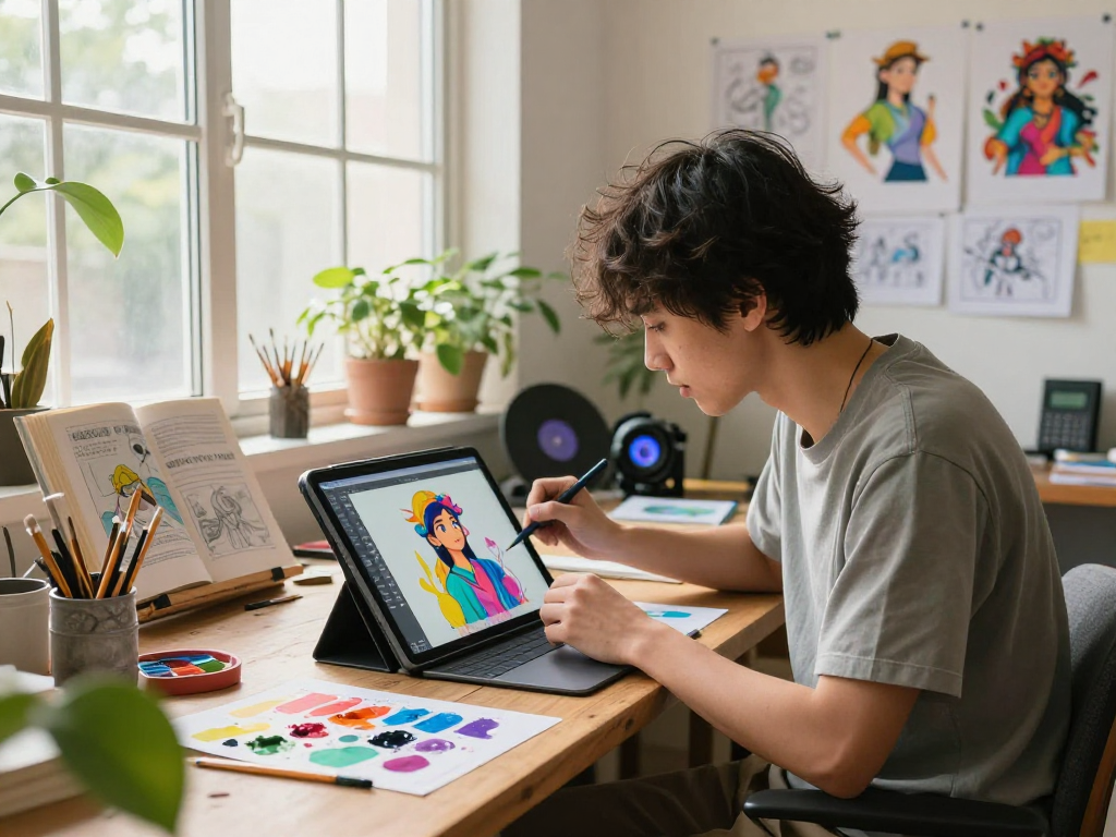 Digital artist illustrating an nsfw ai character in a vibrant studio.