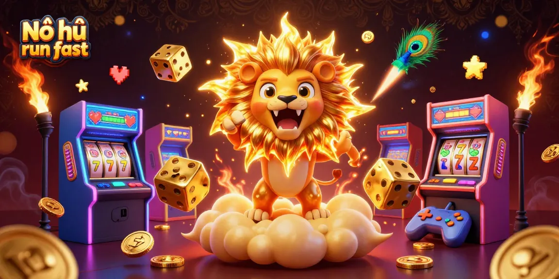 Engage with Nổ hũ run fast in this vibrant illustration featuring golden elements and exciting game details.