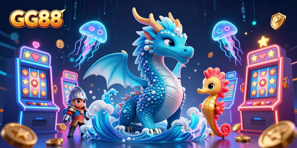 Engage with GG88 slots featuring a dragon and seahorse knight in a vibrant 3D casino scene.