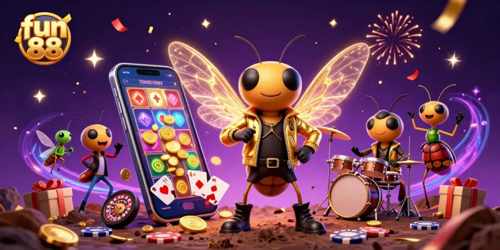 Experience fun 88's exciting gaming scene with a vibrant rock star, colorful slot games, and festive energy.