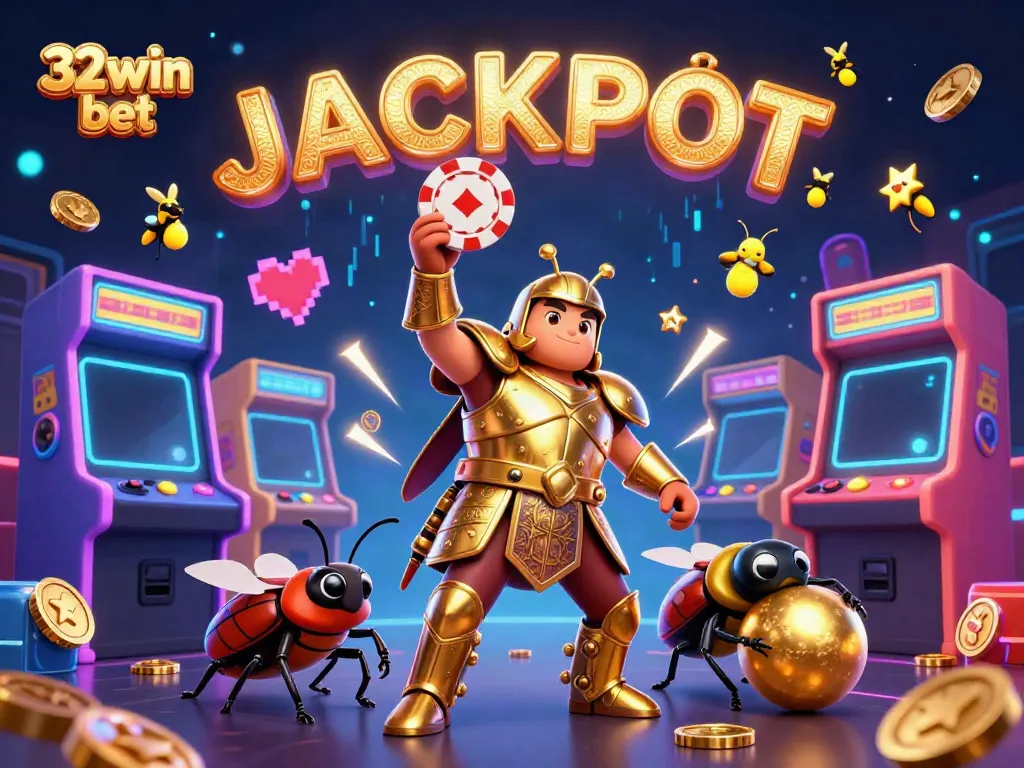 Experience the thrill of 32win bet with a 3D beetle triumphant at a casino, celebrating a jackpot.