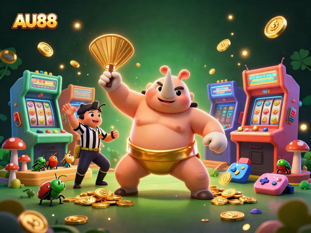 Experience the excitement of AU88 casino with a sumo beetle champion amidst colorful slot reels and golden coins.