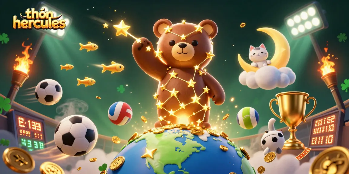 Win big with thần hercules: a vibrant casino scene filled with gold coins and stars.