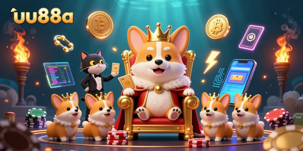 Join the excitement at uu88a with a royal corgi themed casino scene featuring poker chips and crypto elements.