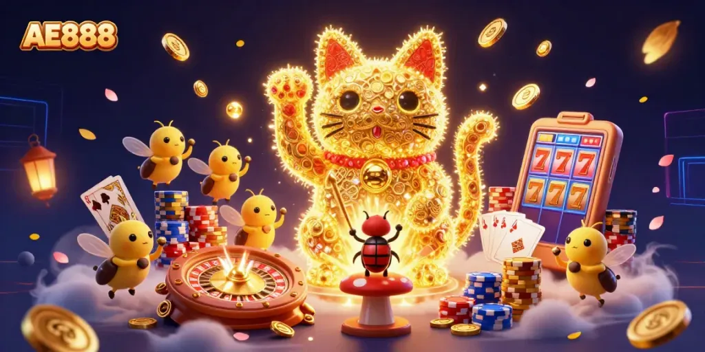 Engage with AE888's dynamic casino experience through vibrant golden symbols and animated characters.