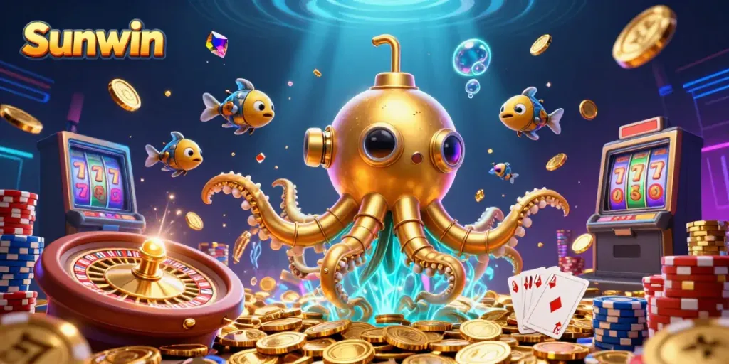 Join the action at Sunwin with a vivid underwater casino scene illustrating a golden kraken submarine amidst cascading coins and lively game elements.