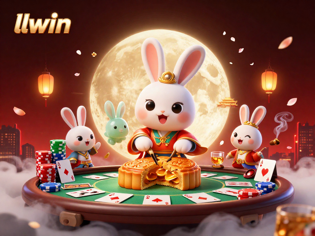 Experience llwin in a vibrant 3D scene with a moon rabbit revealing poker chips and casino elements.